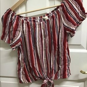 Red striped button down front tie blouse.
